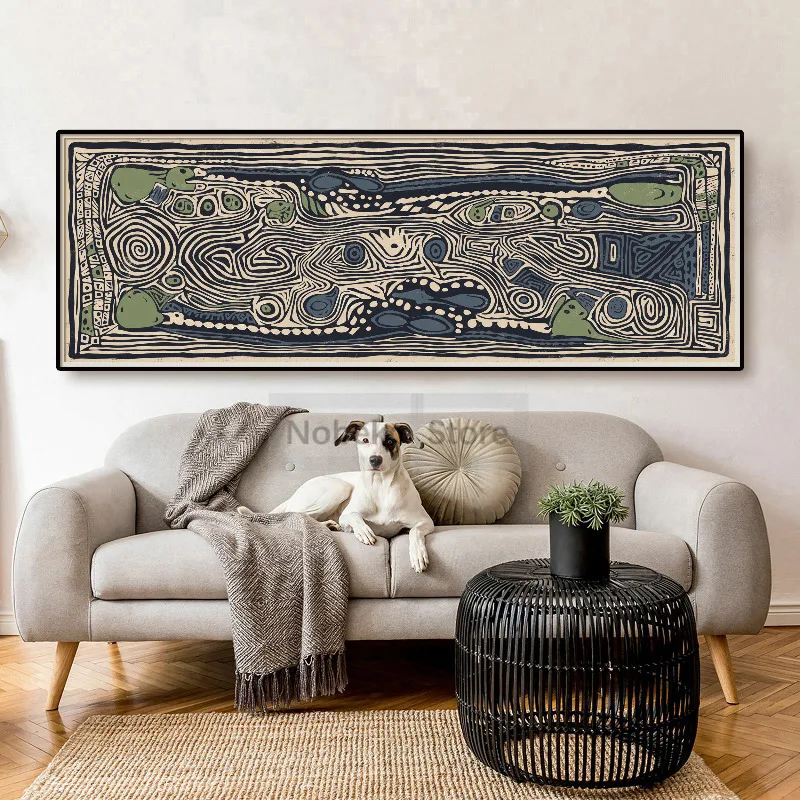 Aboriginal Panoramic Art African Line Art Print Black and Beige Long Narrow Poster Canvas Painting Pictures Home Room Decoration