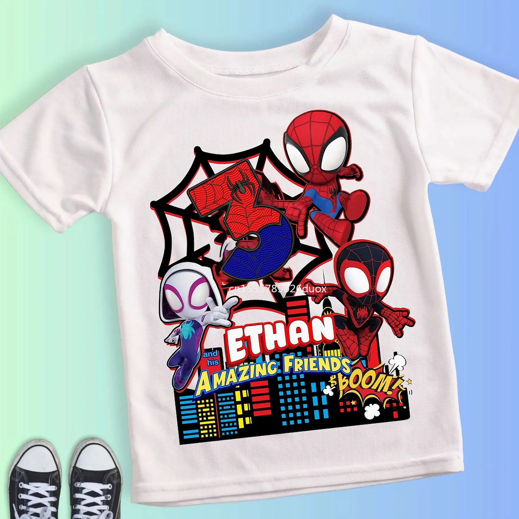 Summer Kid 2 3 4 5 6 7 8 9 Spider Man and His Friends Birthday White Shirt Spider-Man Customized Name Birthday Party Boy T-shirt