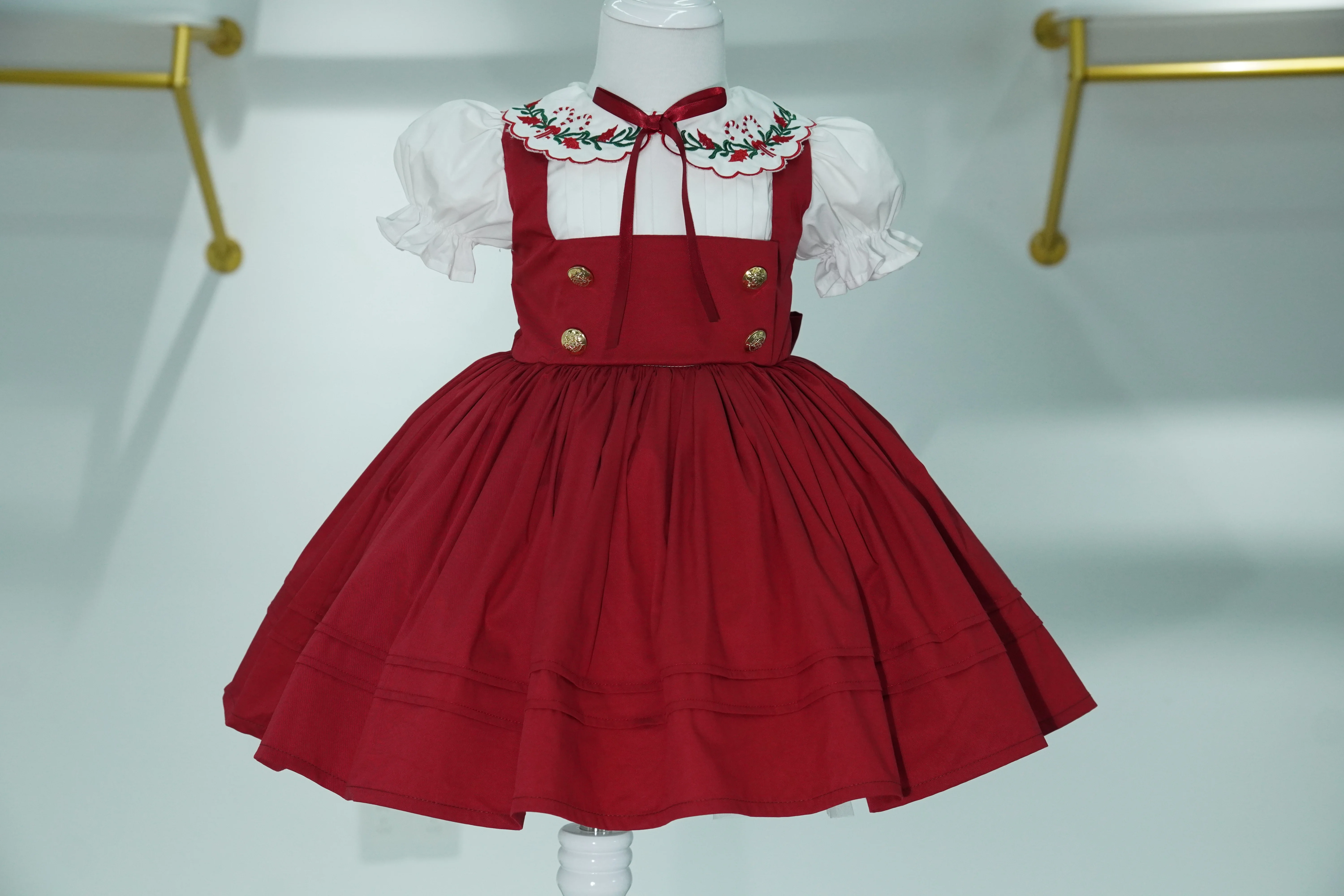 Baby Girl Autumn Red Flower Embroidery Vintage Spanish Princess Ball Gown Dress for Christmas Causal Party Holiday C115