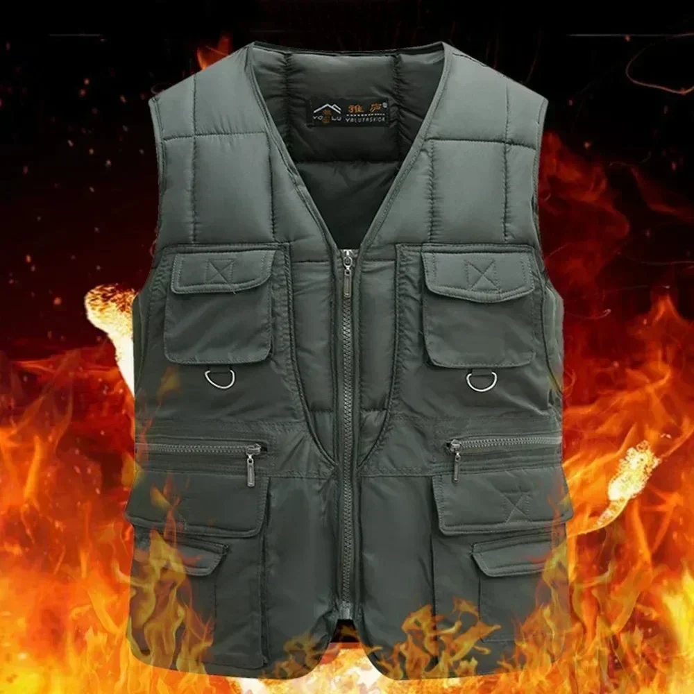 Classic Multi-Pocket Men's Padded Vest Winter Warm Sleeveless Coat Tactical Vest Jacket for Men Solid Lightweight Male Waistcoat