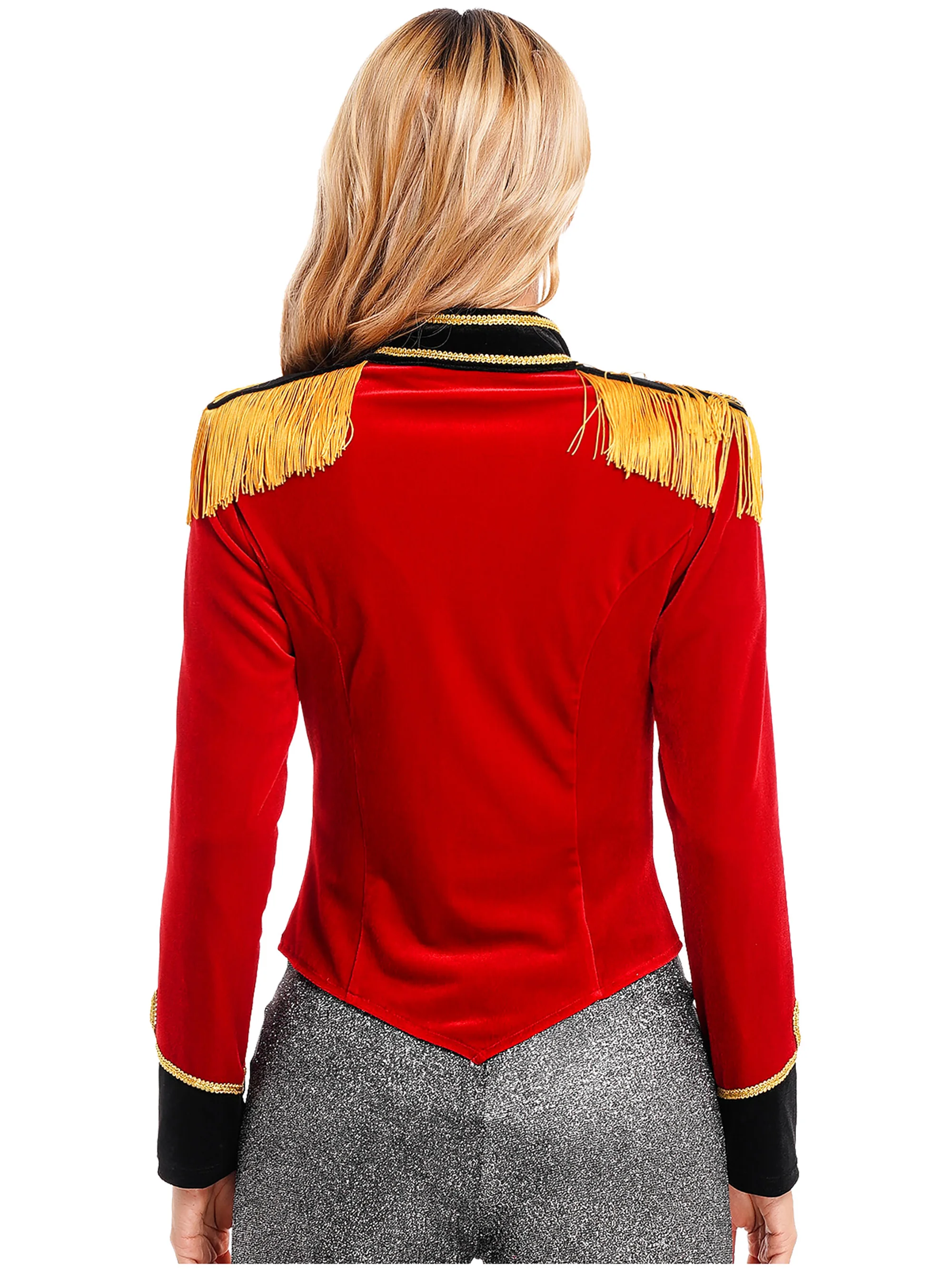 Women Circus Costume Ringmaster Jacket Festival Long Sleeve Disfraz Circo Fringed Shoulder Board Velvet Coat for Halloween