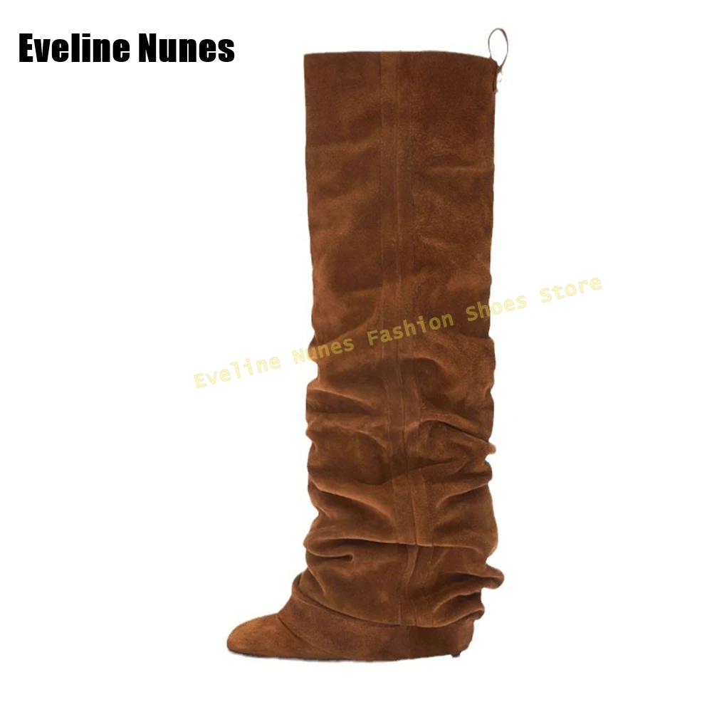 Faux Suède Geplooide Broeklaarzen Vierkante Neus Stiletto Trek Op Pittig Meisje Street Style Over De Knie Laarzen 2025, Mode Schoenen Nieuw