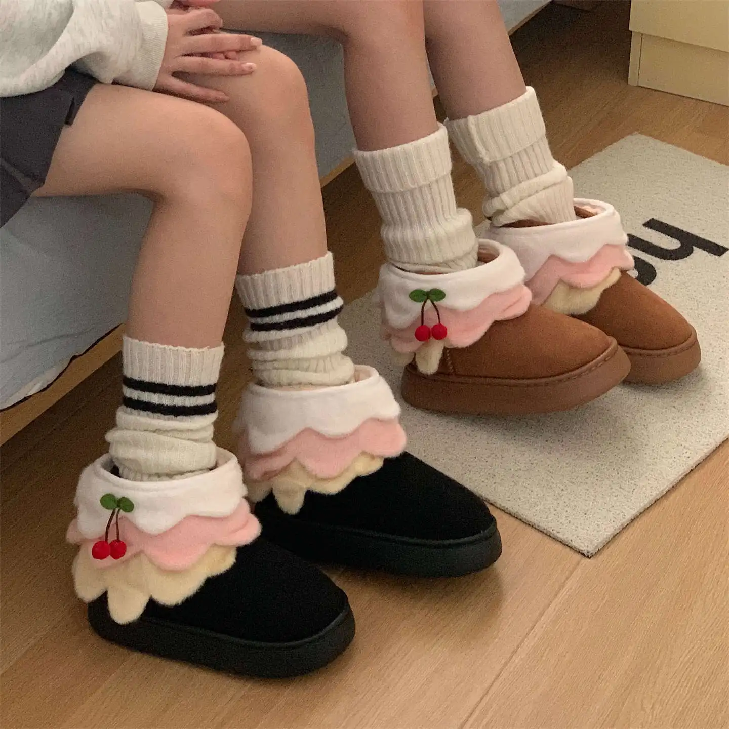 

Ladies' Winter Suede Short Boots, Cute Cherry Flip Over Thick Soled Snow Boots, Anti Slip, Wear-resistant, Warm and Outer Boots