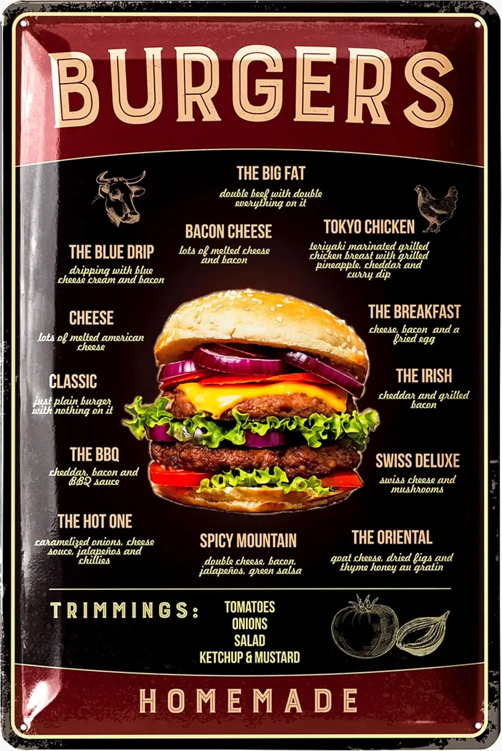 Vintage Tin Sign BURGER, Retro Diner Decor, Restaurant BBQ Signs, ; Wall Art, Burger Signs For Business, 50s Kitchen