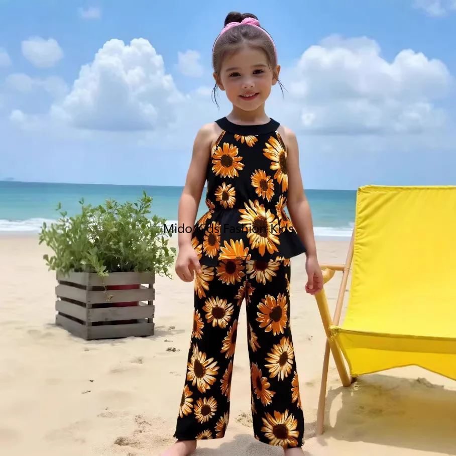 New Arrival 1-8Y Kids Girls Summer Beach Outfit, Floral Print Vacation 2PCS Set for 90-130cm