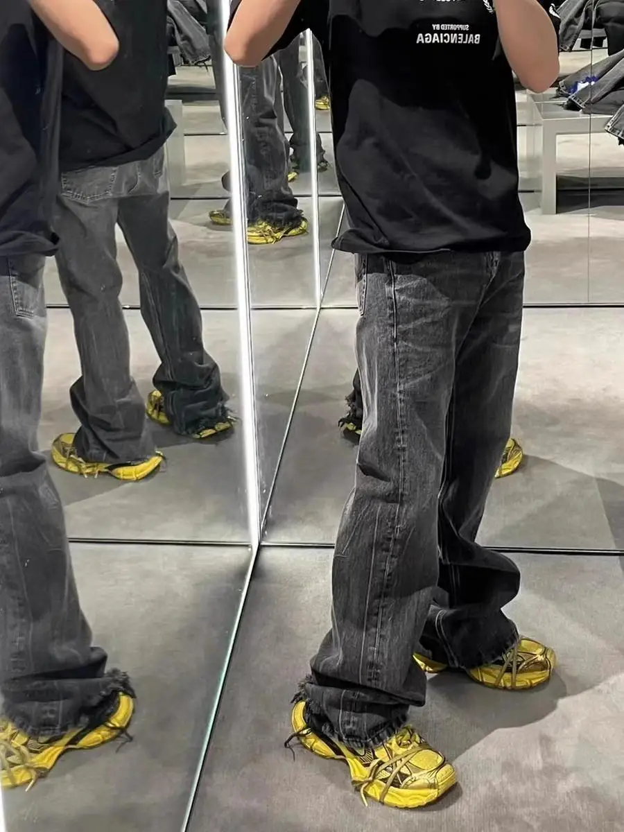 

American Sle Vintage Waed Distred Denim Jeans Men High Street Vibe Slightly Dragging on the und Youth Jeans