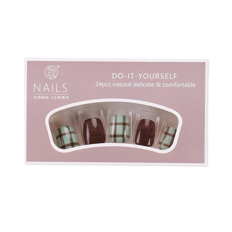 

Осенне-зимняя одежда для ногтей, коричневая наклейка для ногтей в шахматном порядке, готовые съемные накладные ногти