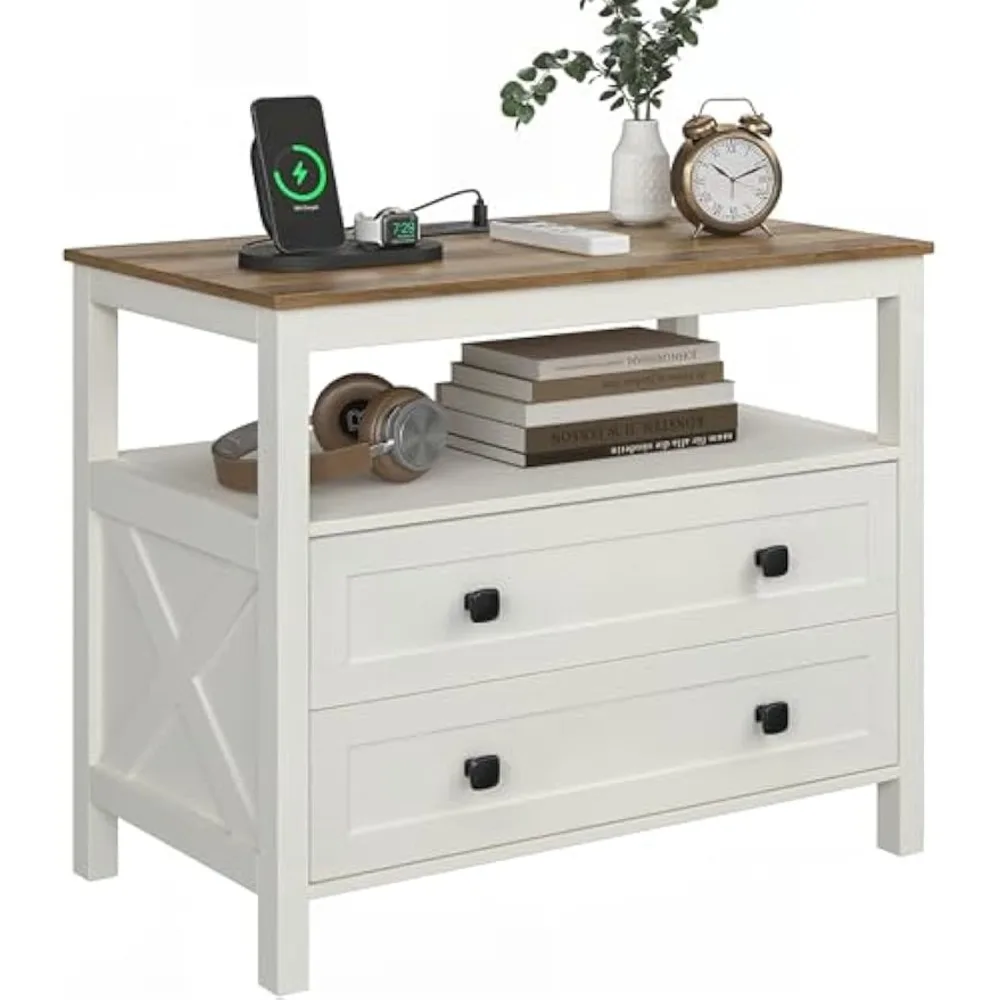 

28 Inch Large Night Stand with Charging Station, Farmhouse Nightstand with 2 Wood Drawers, Bedside Table with Open Shel