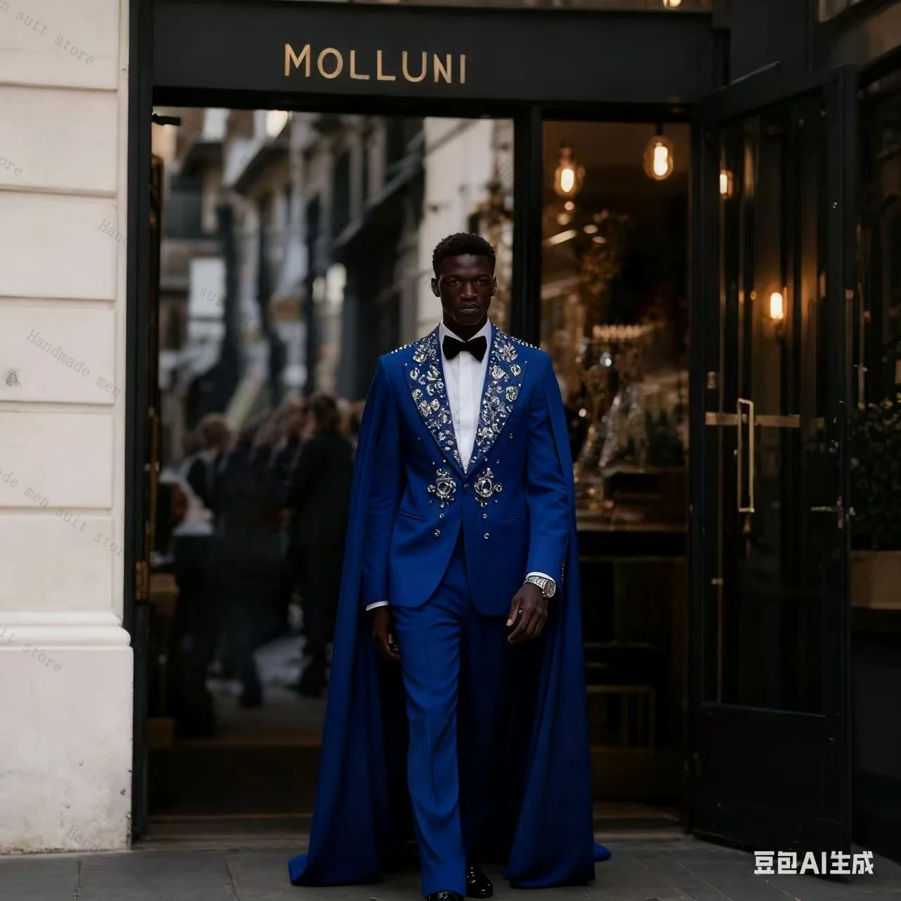 

Formal Blue Men Suit Set 2 Pcs Long Wrap Blazer+Pants Crystals Wedding Tuxedos Coat Cotton Customized Office Business Jacket