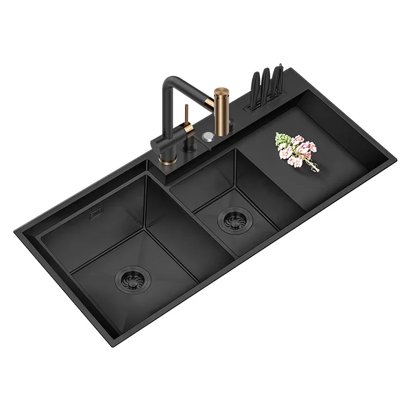 

Stainless Steel Handmade Black Nano Multifunctional Large Kitchen Vegetable Basin Double Sink