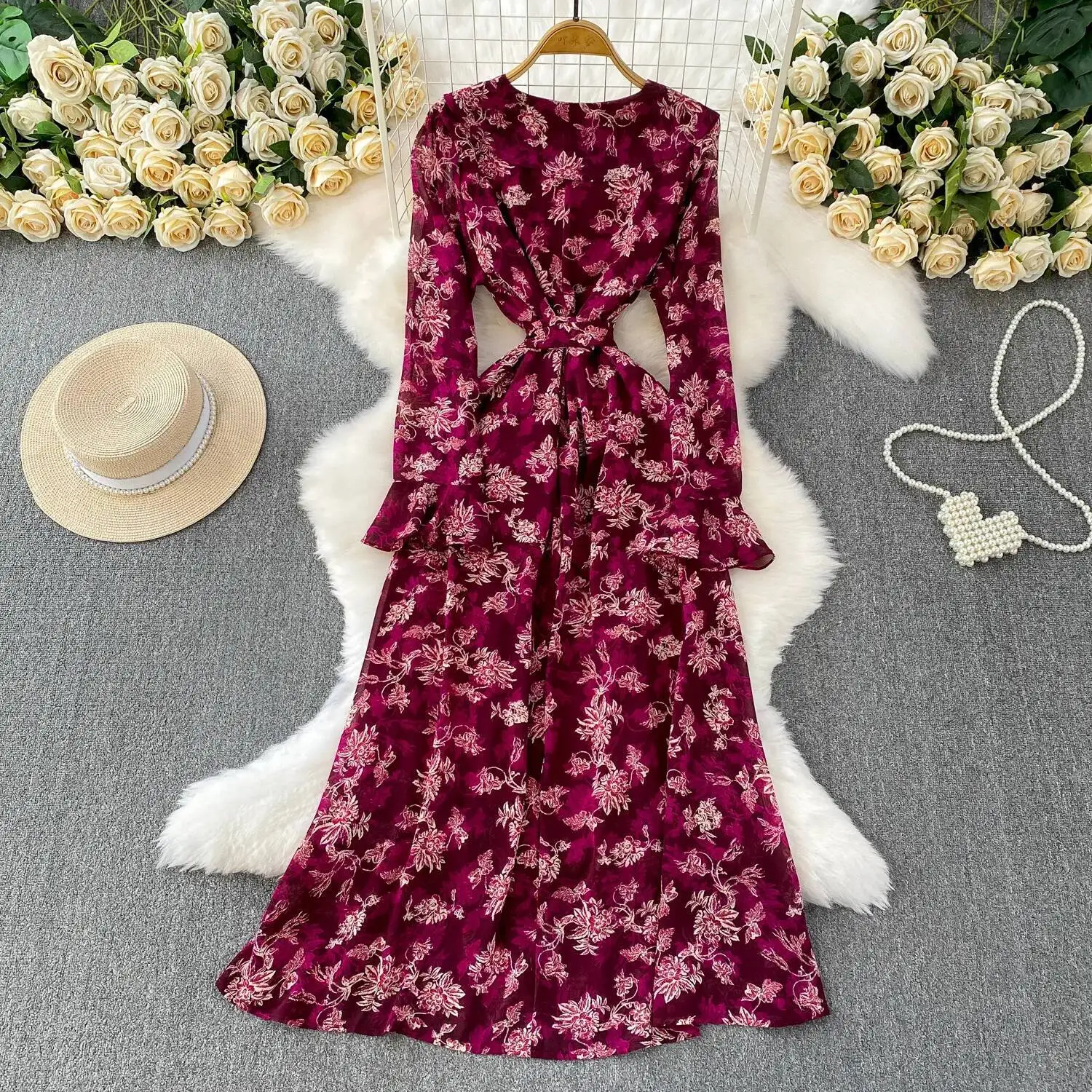 Abito floreale da donna con foglia di loto Primavera Autunno Abiti sexy con scollo a V a maniche lunghe con stampa Abiti lunghi casual in chiffon da donna