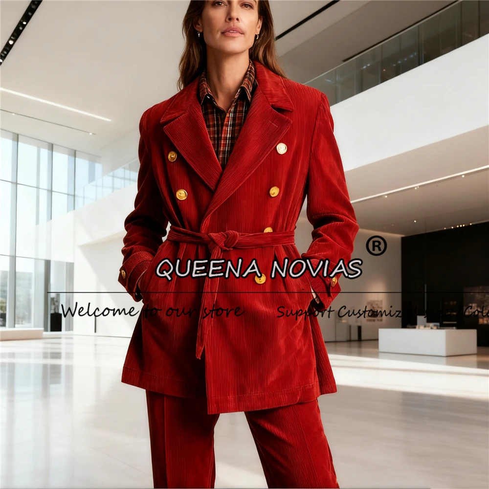 Vintage bordeaux corduroy pakken dames 2-delige jas broek aangepaste dames zakelijk kantoor feest prom blazers vrouwelijke smokings