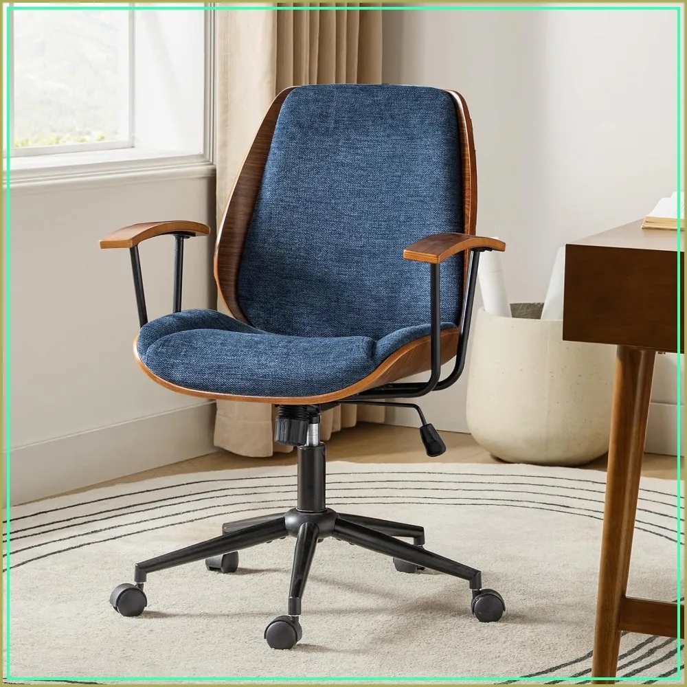 Solid Wood Office Chair Rocking Function Fabric Desk Chair Height Adjustable Swivel Computer Task Chair Navy