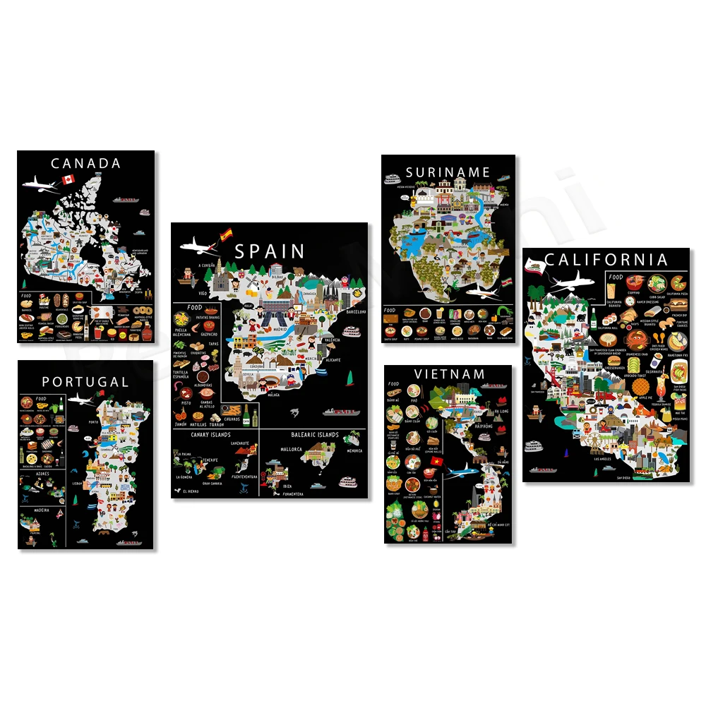 أوكرانيا ، فرنسا ، الصين ، تركيا ، الولايات المتحدة الأمريكية ، فيتنام ، البرتغال ، المغرب ، إسبانيا ، سورينام ، نيويورك ، طباعة الطعام ، مضحك خريطة السفر ملصق