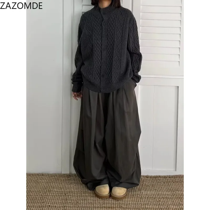 Men's Casual Stand Collar Knitted Cardigan Button Up Cable Pattern Long Sleeve Thick Warm Loose Autumn Winter Sweaters Tops