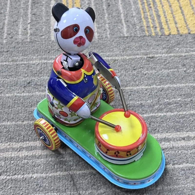 Panda Car Mechanical Clockwork Toy Collection Retro Metal Tin Drumming Animal Figures Model Kids Brithday Gift Wind Up Toy