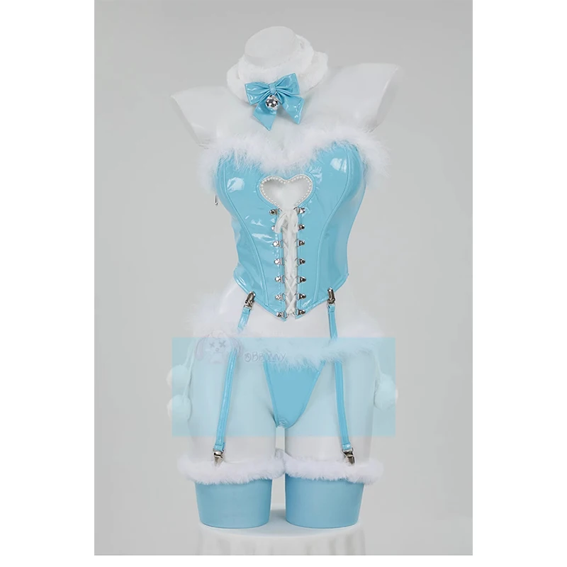 Women Lingerie Set Winter Christmas Blue White Furry Heart Hollow Top and Panty with Cloak Cosplay Costume