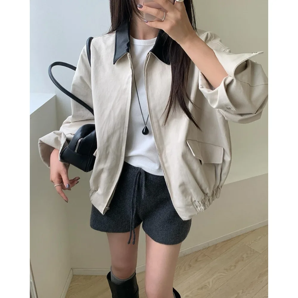 Loose Color Block Leather Jacket Korean Style Autumn Winter New Women's Short Coat Long Sleeve Other Material Outerwear