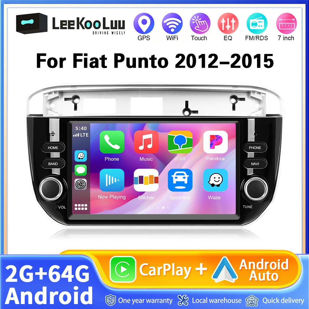 Autoradio Android Auto Carplay sans fil 2+64G 7 pouces pour Fiat Punto 2012-2015, lecteur multimédia, GPS, navigation, WIFI, RDS, stéréo
