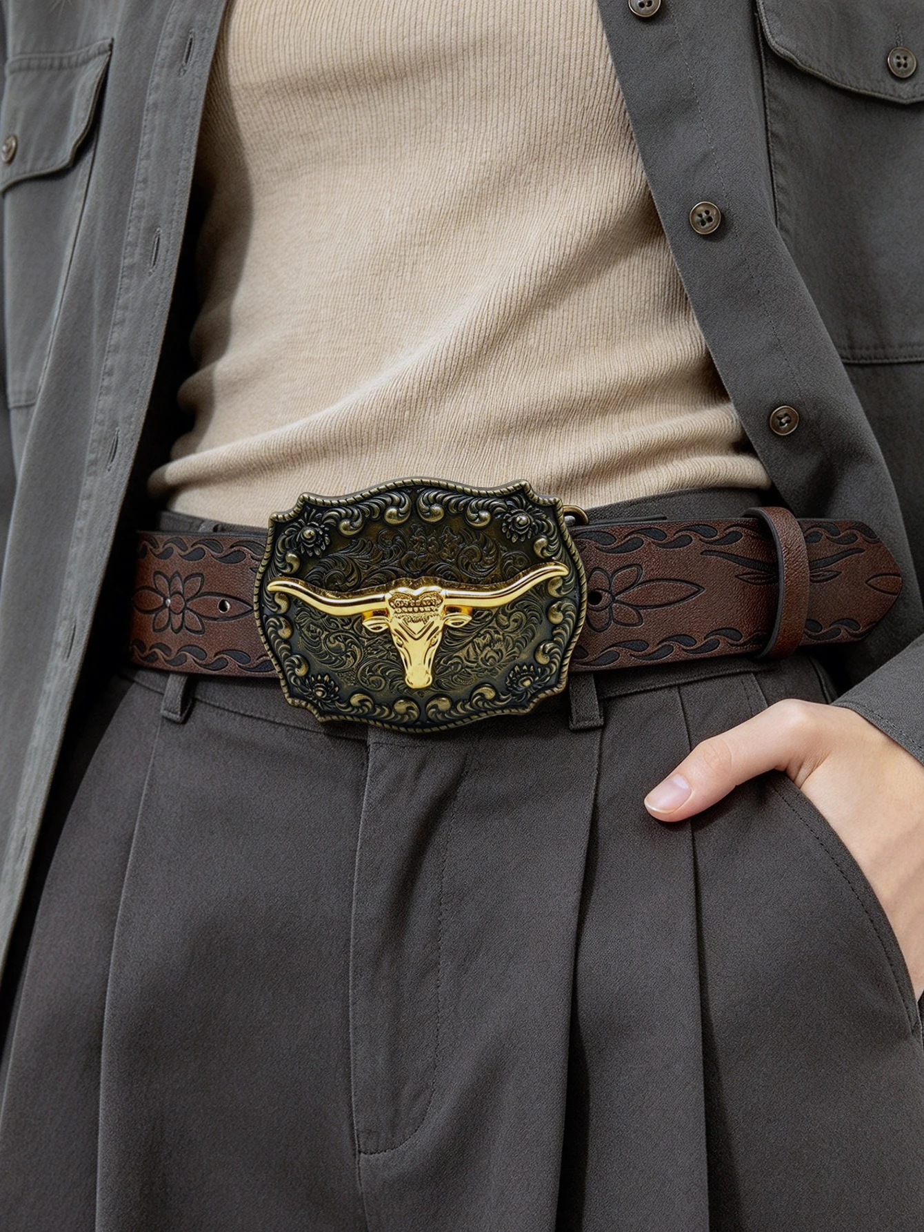 Western Longhorn Bull Head Plate Buckle Pu Belt, Vintage Embossed Pattern Wide Decorative Cowboy Waist Belt