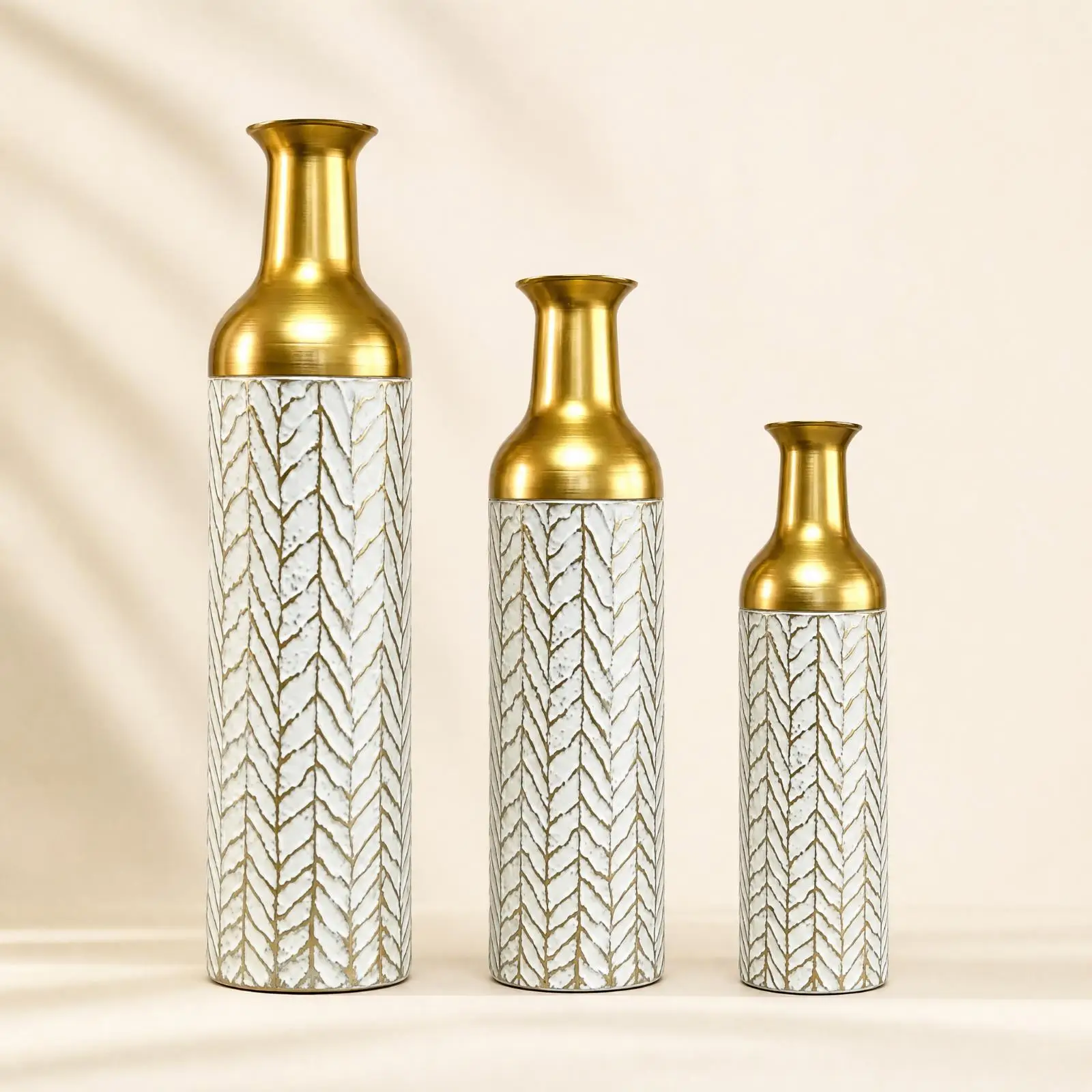 3 Pieces Herringbone Pattern Decorative Vase Gold-Toned Iron Floor Vase Textured Slim for Entryway, Living Room
