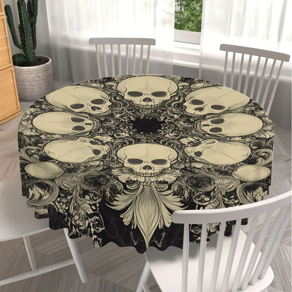 One circular tablecloth for Halloween theme, featuring a floral skull pattern with a classic textured appearance.