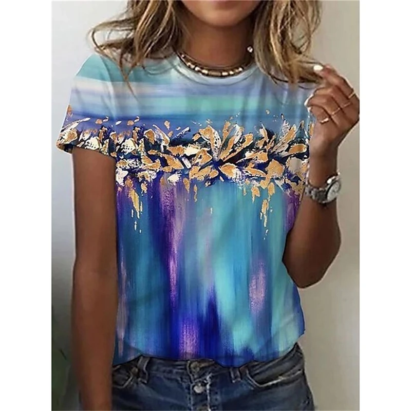 Fashion Artistic Flower Pattern T-shirt Women Summer Leisure Y2k Graphic Tee Female Casual Elegant Short-sleeved O-neck Tee Tops