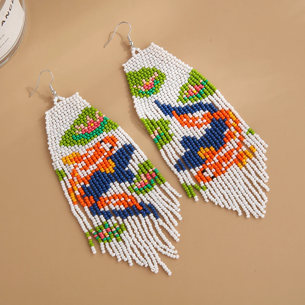 Beaded earrings Tassel Koi fish Originality Design Hand knitting Bohemia Alloy Tide Simple Rice bead earrings