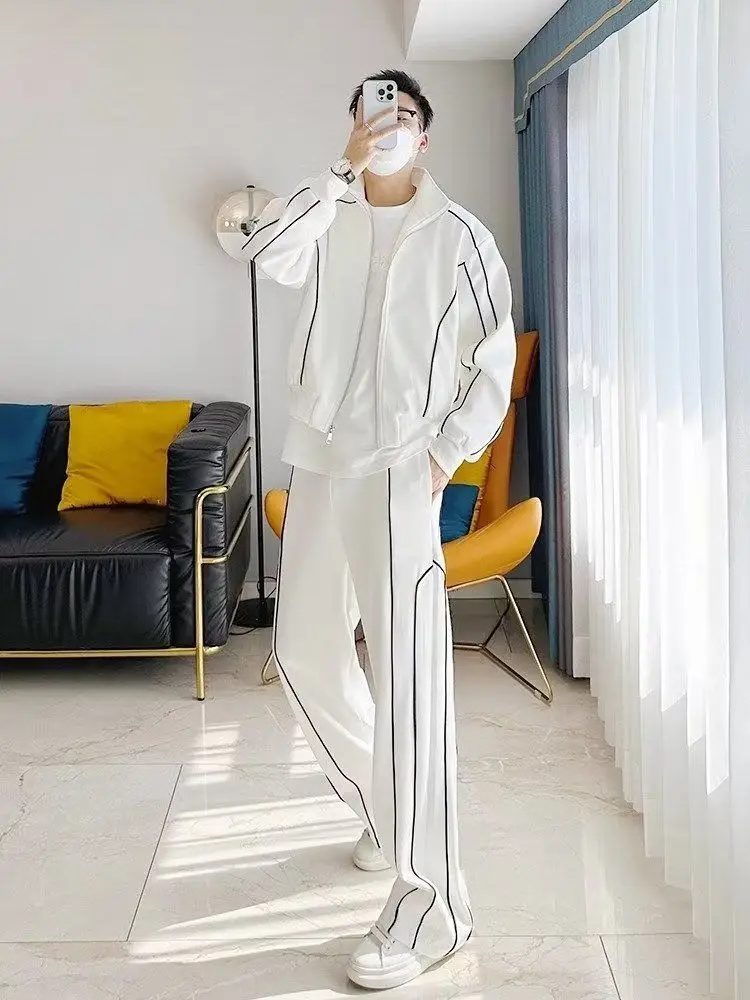 

Jacket Pants Sets Spring Outfit Bright Two-piece Set Stand Up Cool Street Casual Loose Clothes Men Track Suit Tute Black White
