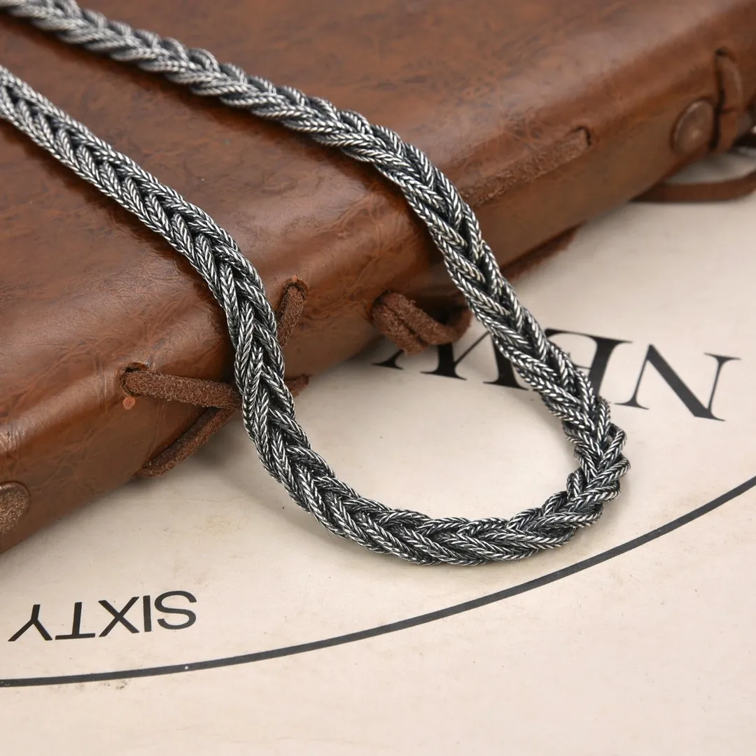 S925 sterling silver personalized men's hand-woven chain twist fox tail necklace hip hop retro trendy braid chain