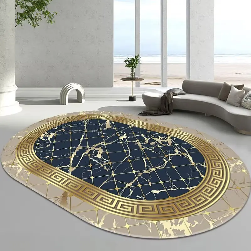 European Style Oval Balcony Lobby Carpet Luxury Gold Decoration Sofa Rugs for Living Room Large Area Non-slip Coffee Tables Mat