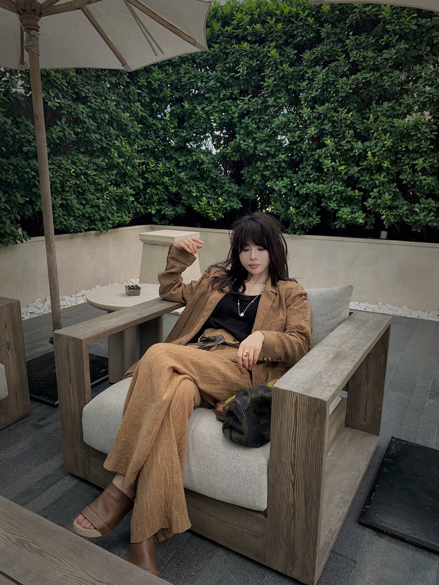 

Ретро-костюм из хлопка и льна с поясом, модные длинные брюки и шорты с растительным окрашиванием от ASM ANNA для женщин