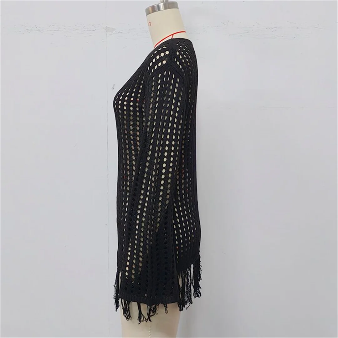 Langärmliges, einfarbiges, gehäkeltes, gestricktes Tunika-Strandkleid mit Quasten, Strandkleid, Strandmode, Damen V8515 – Detail 20