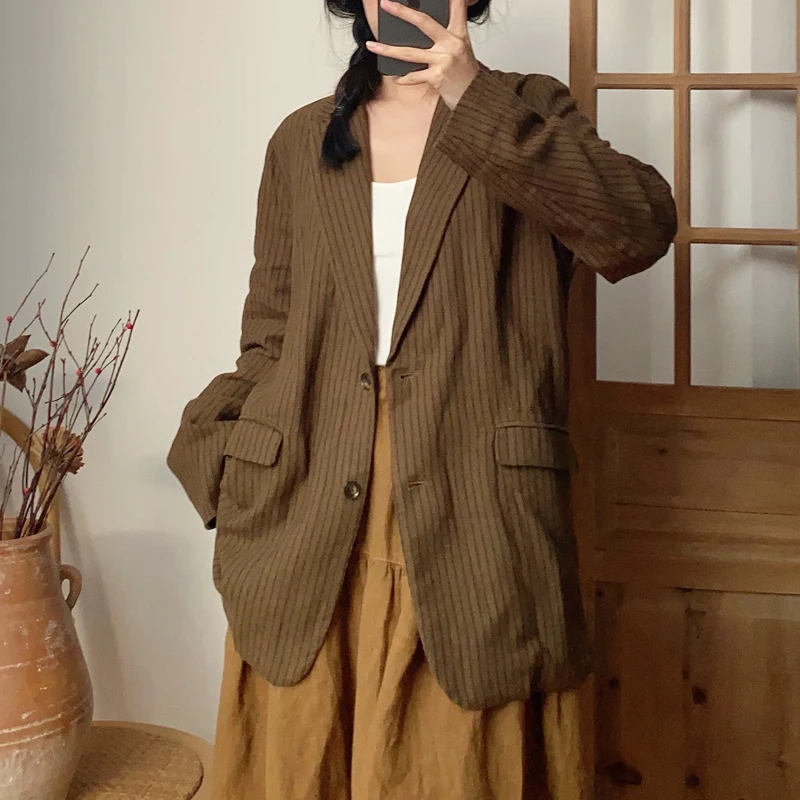 Johnature Vintage Striped Linen Suit Jackets 2024 Spring New Casual Turn-down Collar All Match Loose Button Women Coats