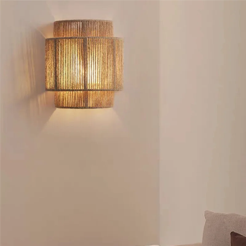

A07F-Japanese Wabi-Sabi Retro Rattan Weaving Wall Lamp LED Wall Sconces Living With E27 Bulb Room Bedroom Bedside Corridor