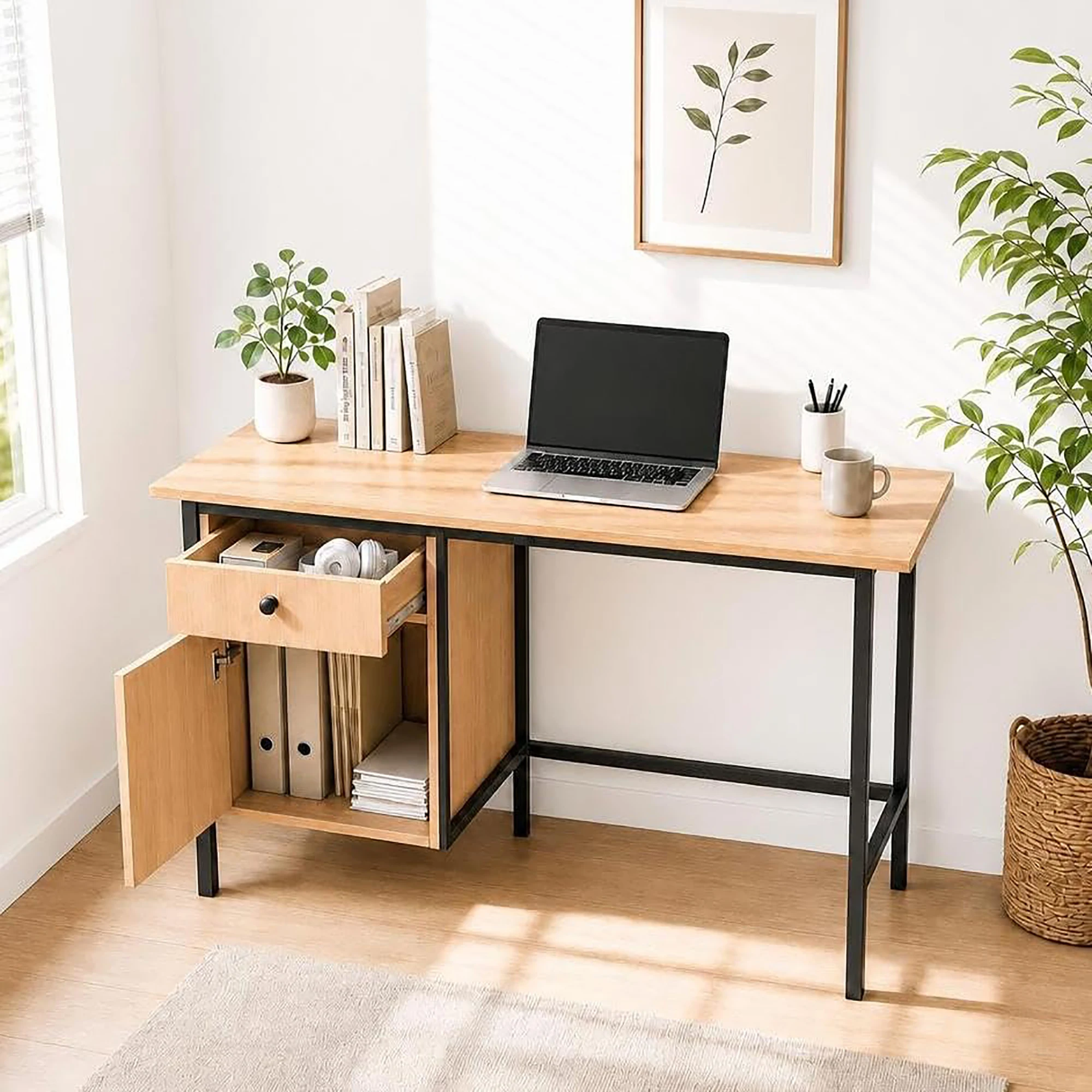 47 Inch Computer Desk With Drawer And Door Cabinet, Modern Writing Study Table With Storage For Home Office Bedroom Small Spaces