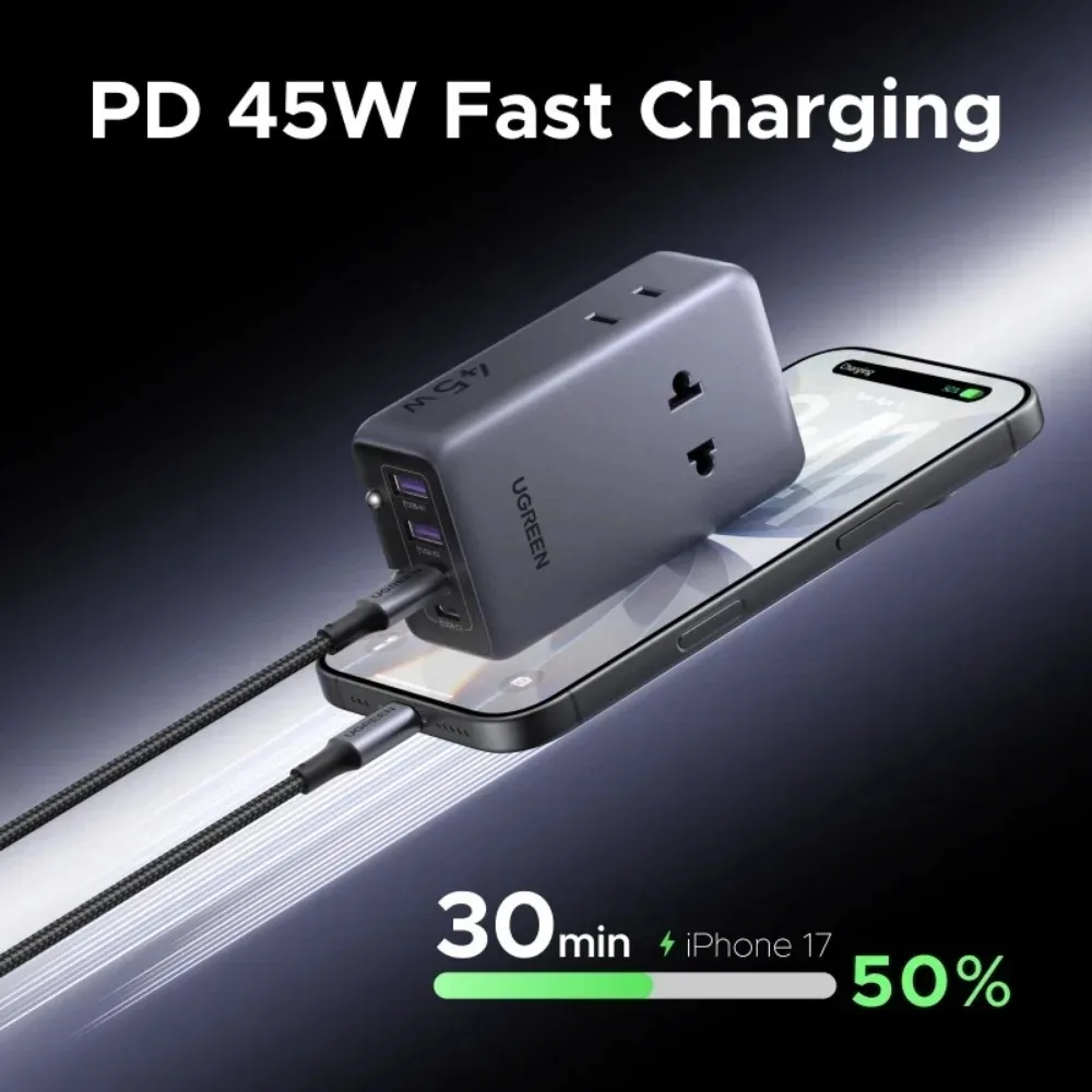 UGREEN GaN 45W Universal Travel Charger 4 Ports 2 USB-C 2 USB-A PD QC Fast Charging 2 AC Outlet Multi Device Portable Accessory