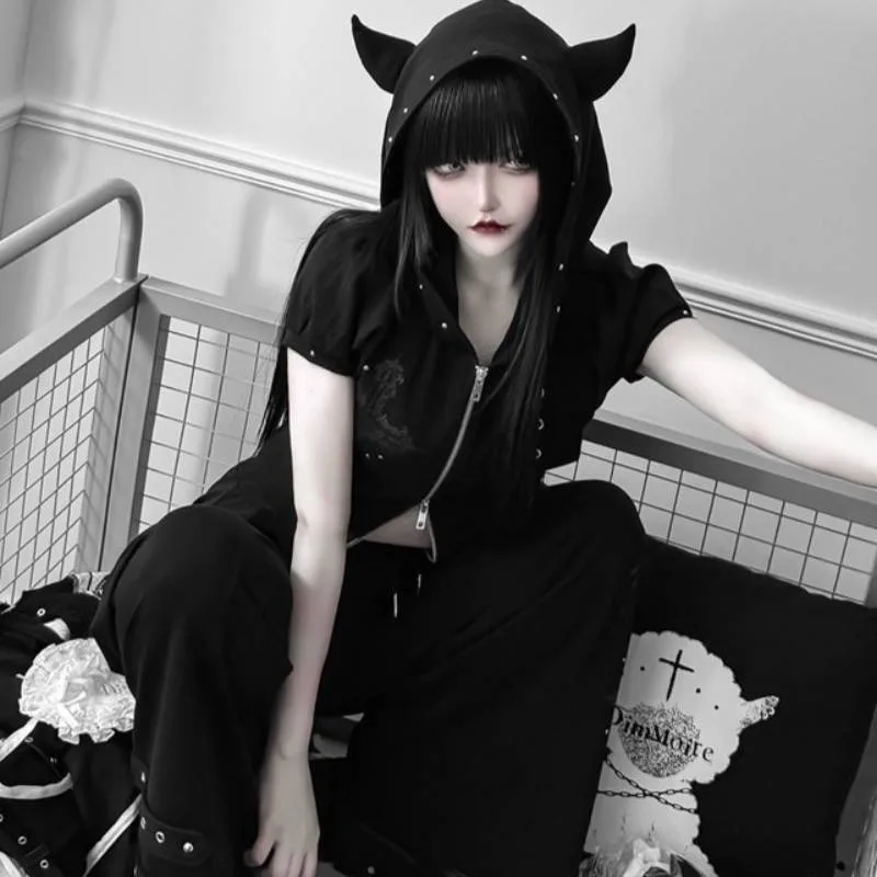 Women Gothic 2 Piece Outfit Devil Horn Hooded Zip Crop Top & Wide Leg Pants Set Dark Alt Y2K Streetwear Punk Cosplay Costume