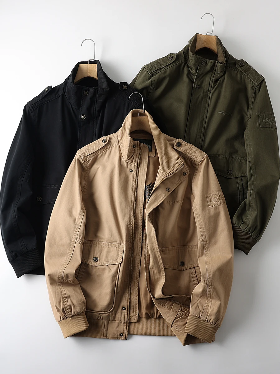 

Американский силач! Плотный твил из чистого хлопка! Весенняя мужская куртка в стиле ретро с воротником-стойкой, повседневная, универсальная, с множеством карманов