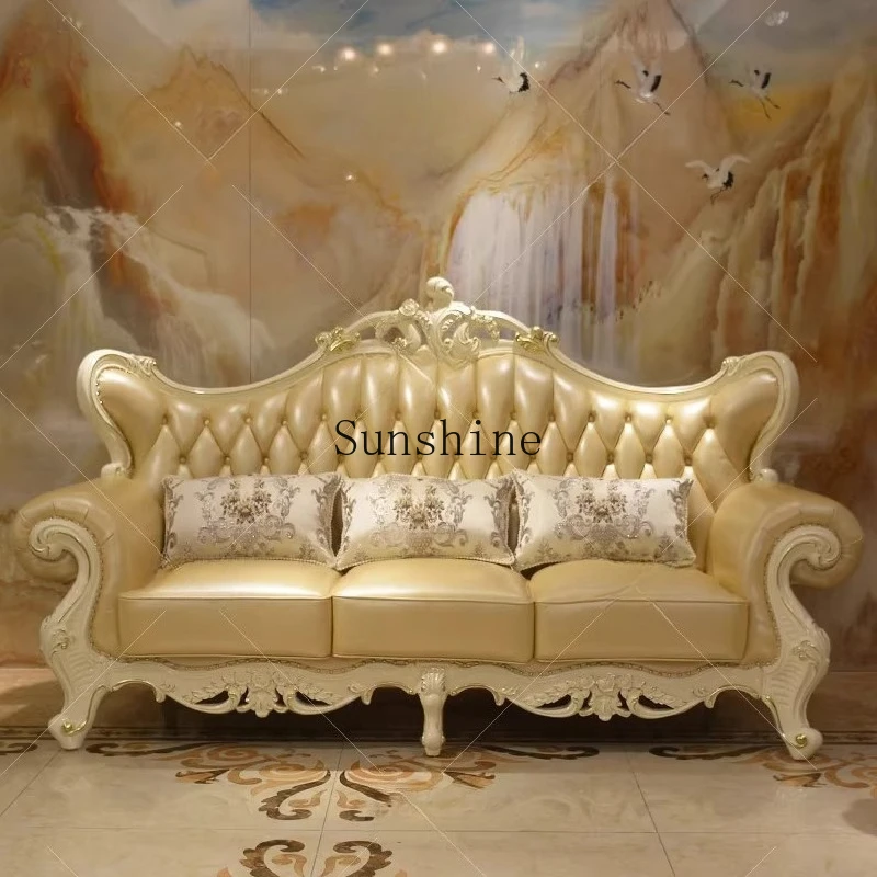 

European first-layer cowhide living room combination high-end luxury villa small apartment solid wood carving flower sofa