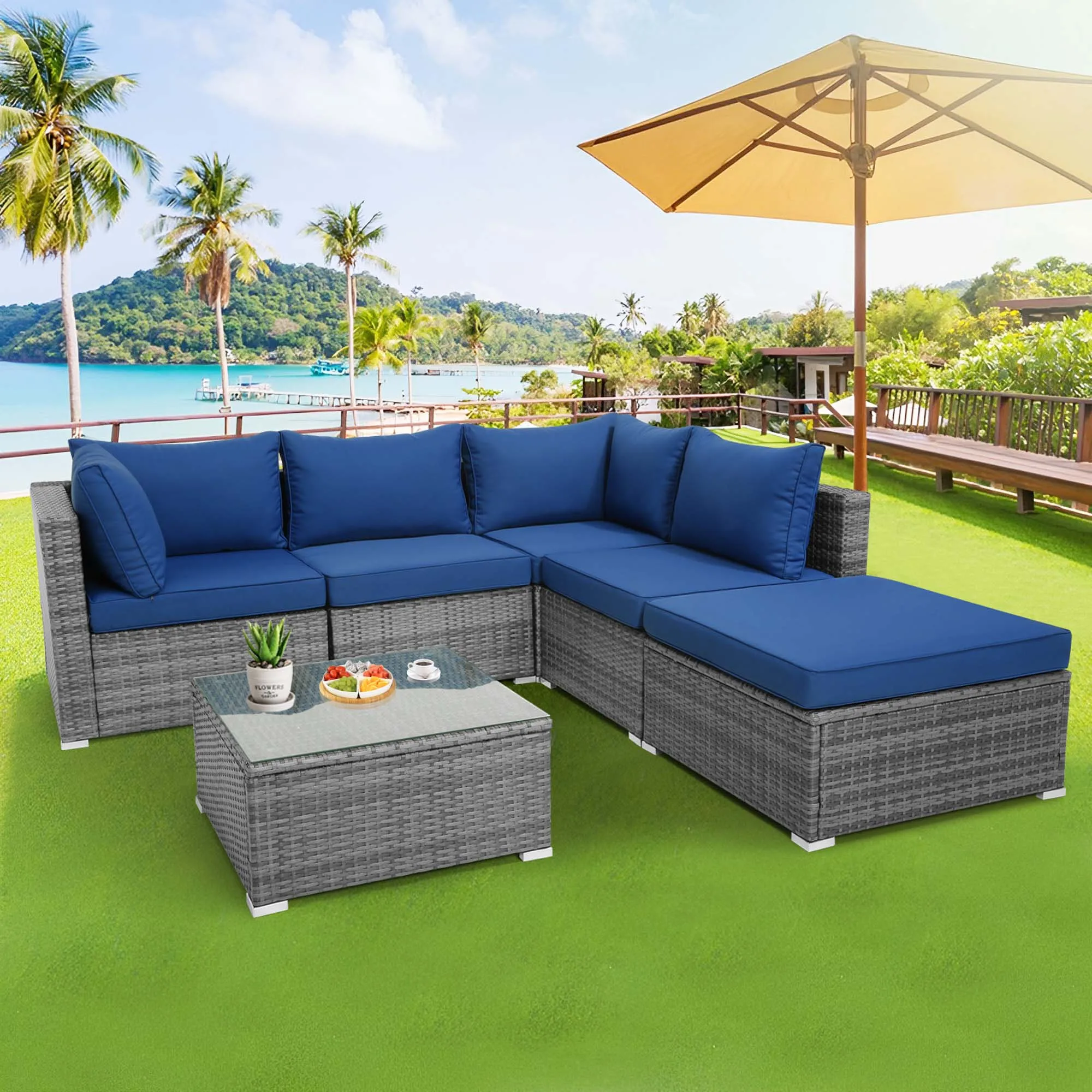 

6PCS Patio Wicker Furniture Set Cushioned Sectional Sofa Coffee Table Navy Deck