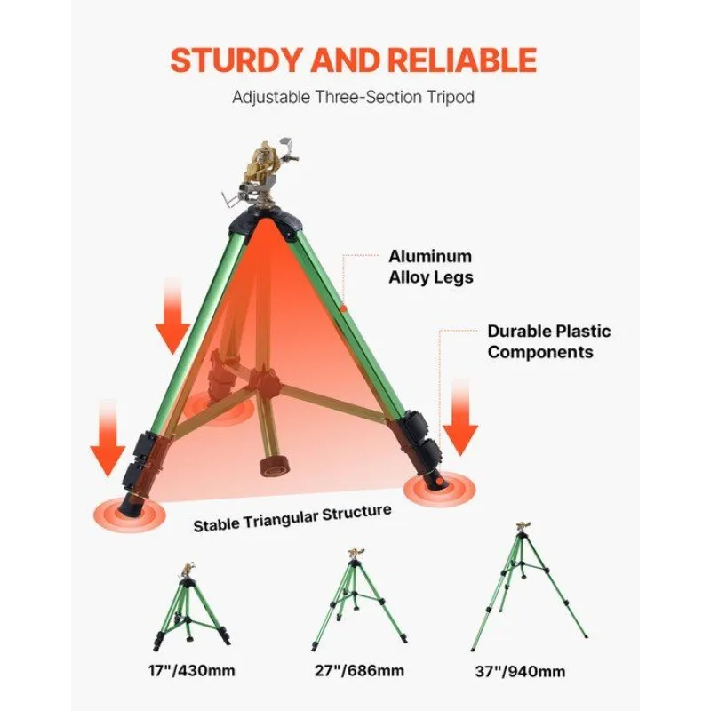 삼각대 베이스에 장착된 임팩트 스프링클러, 황동 헤드와 3/4인치 커넥터가 있는 고강도 삼각대 스프링클러, 360도 넓은 지역 커버리지