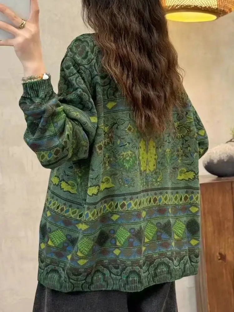 Amax LuluE 2024 Fashion Pullover Woman Winter Printed Loose Knitted Sweaters Vintage Turtleneck Oversized Classic Cotton Jumpers