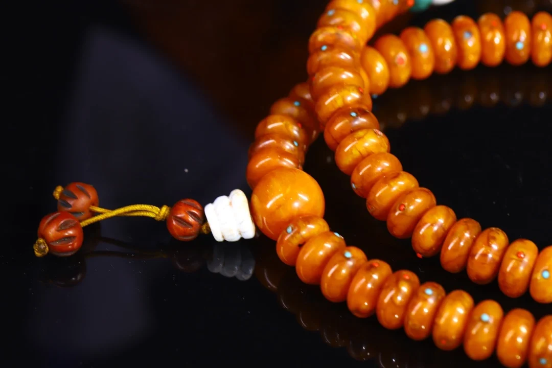 Old Natural Beeswax Mosaic Gem 108 Buddha Beads Bead Necklace Pendant Amulet Dharam Town house