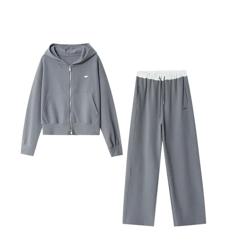 Double zipper lazy casual hooded sweatshirt drawstring wide leg pants suit early autumn new style