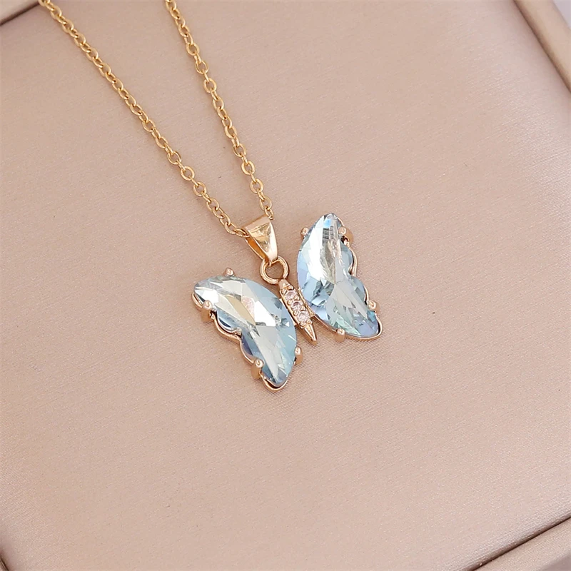 Exquisite Luxury Crystal Butterfly Charm Necklace Colorful Insect Charm Collar Chain Women\'s Fashion Jewelry Accessories Gift