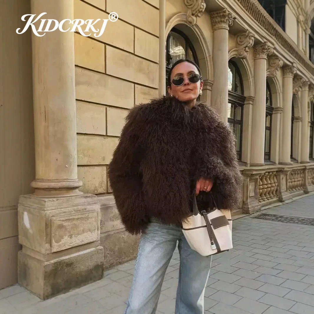KIDCRKJ Winter New Trend Brown Faux Fur Coat Women Chic Autumn Warm Fluffy Sheep Fur Jacket Ladies Big Fur Collar Overcoat