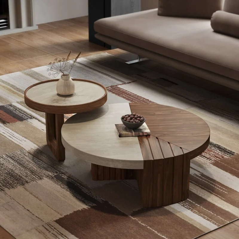 

Round travertine coffee table combination creative medieval walnut leather size tea table