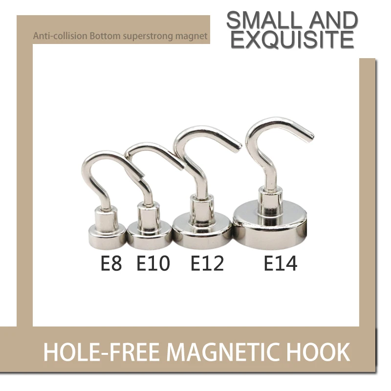 Magnetic Hook Neodymium Magnet E8/E10/E12/E14 Electroplating Metal Strong Hook Thick Wall Hook for Home Kitchen Organization