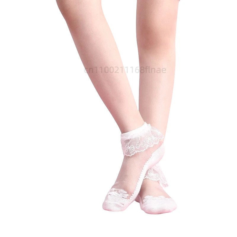 Calzini da ballo per ragazze Calzini corti estivi traspiranti in pizzo a rete sottile Calzini tubolari per performance di danza in pizzo principessa con fiocco disossato